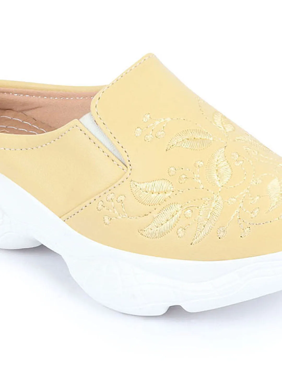 Women Yellow Leaf Print Embroidery Design Back Open Slip On Mules Shoes