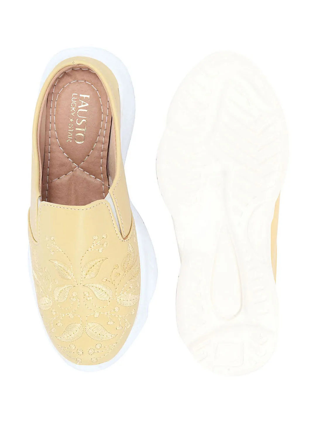 Women Yellow Leaf Print Embroidery Design Back Open Slip On Mules Shoes