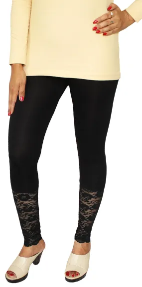 Womens Ankle Length Lace Leggings Tights Floral Pants (Black)