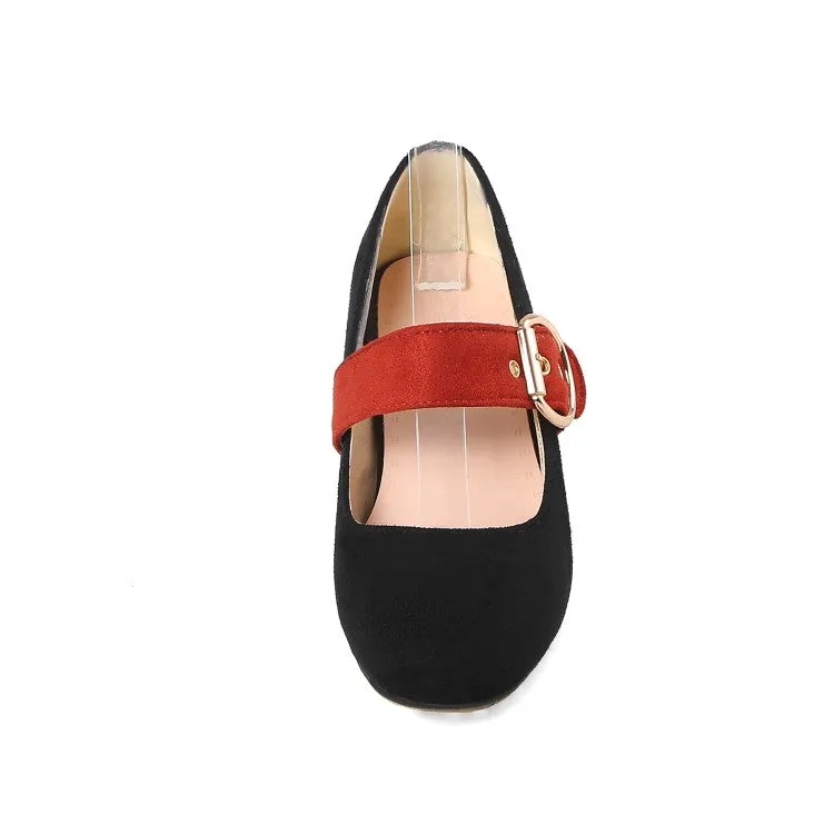 Women's Bicolor Buckle Straps Mary Janes Block Heel Pumps