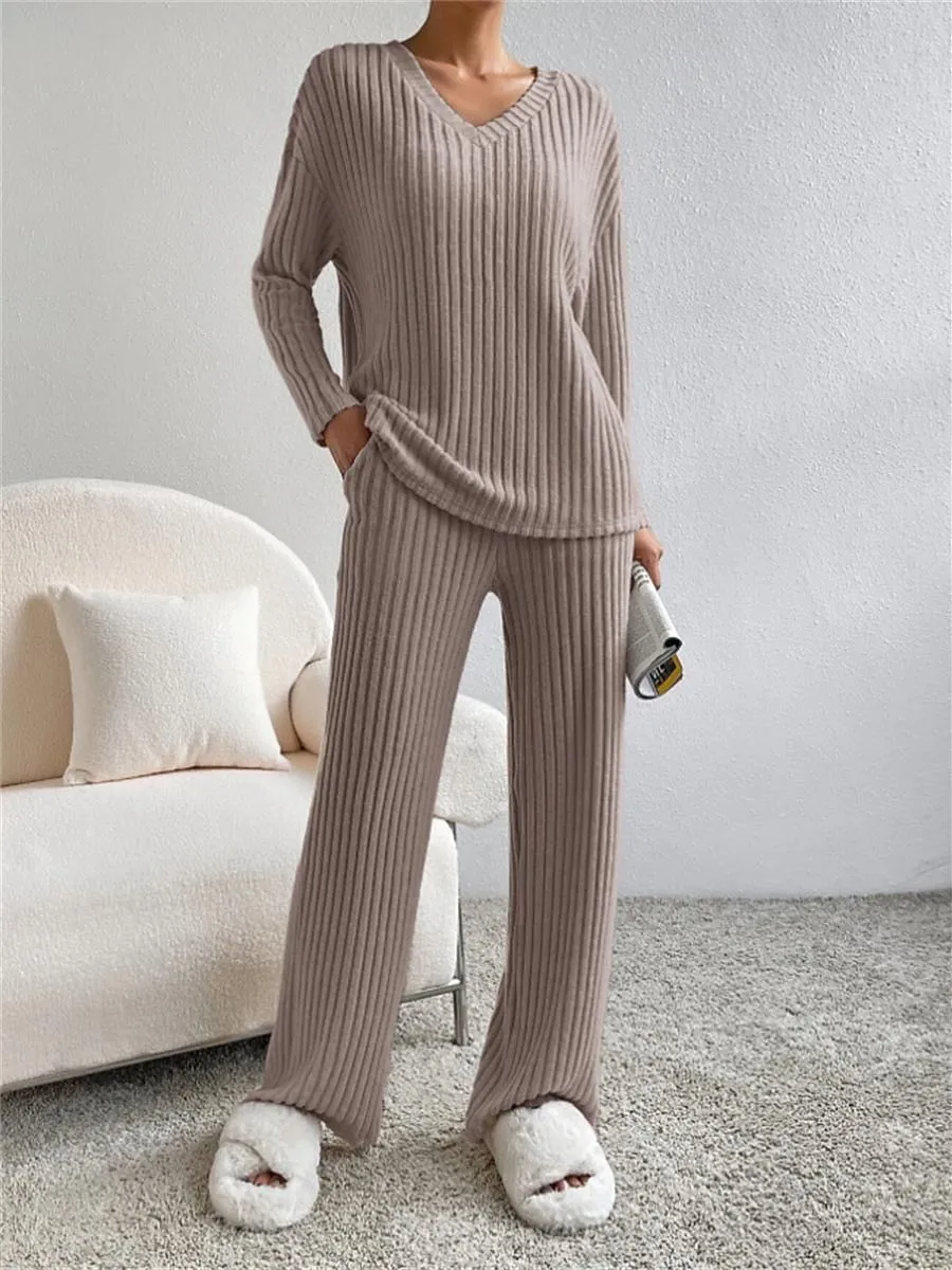 Women's Cozy Knit Drop Shoulder Tee and Pant Lounge Set