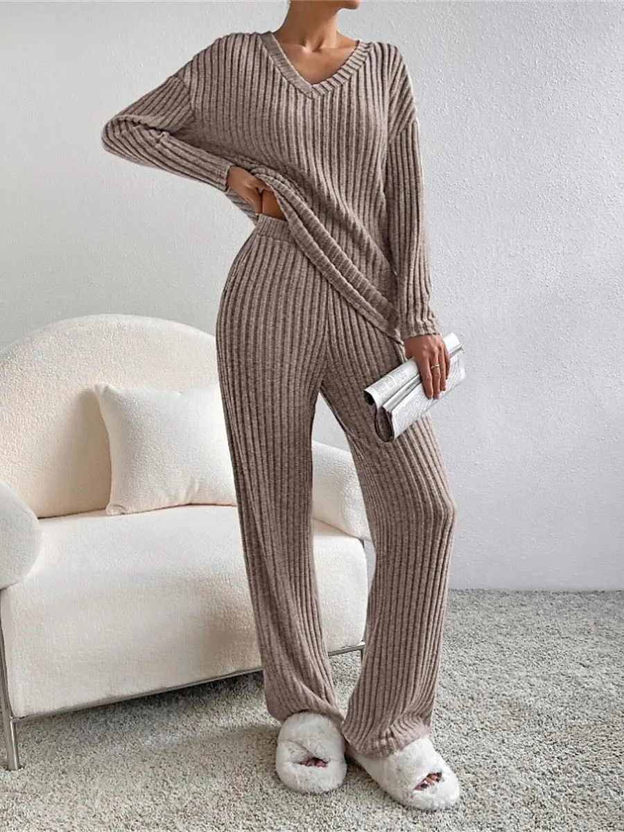 Women's Cozy Knit Drop Shoulder Tee and Pant Lounge Set