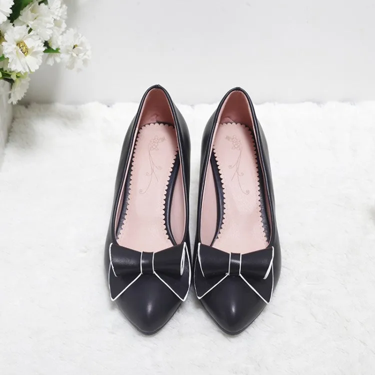 Women's Pointed Toe Bow Tie Shallow Kitten Heel Pumps