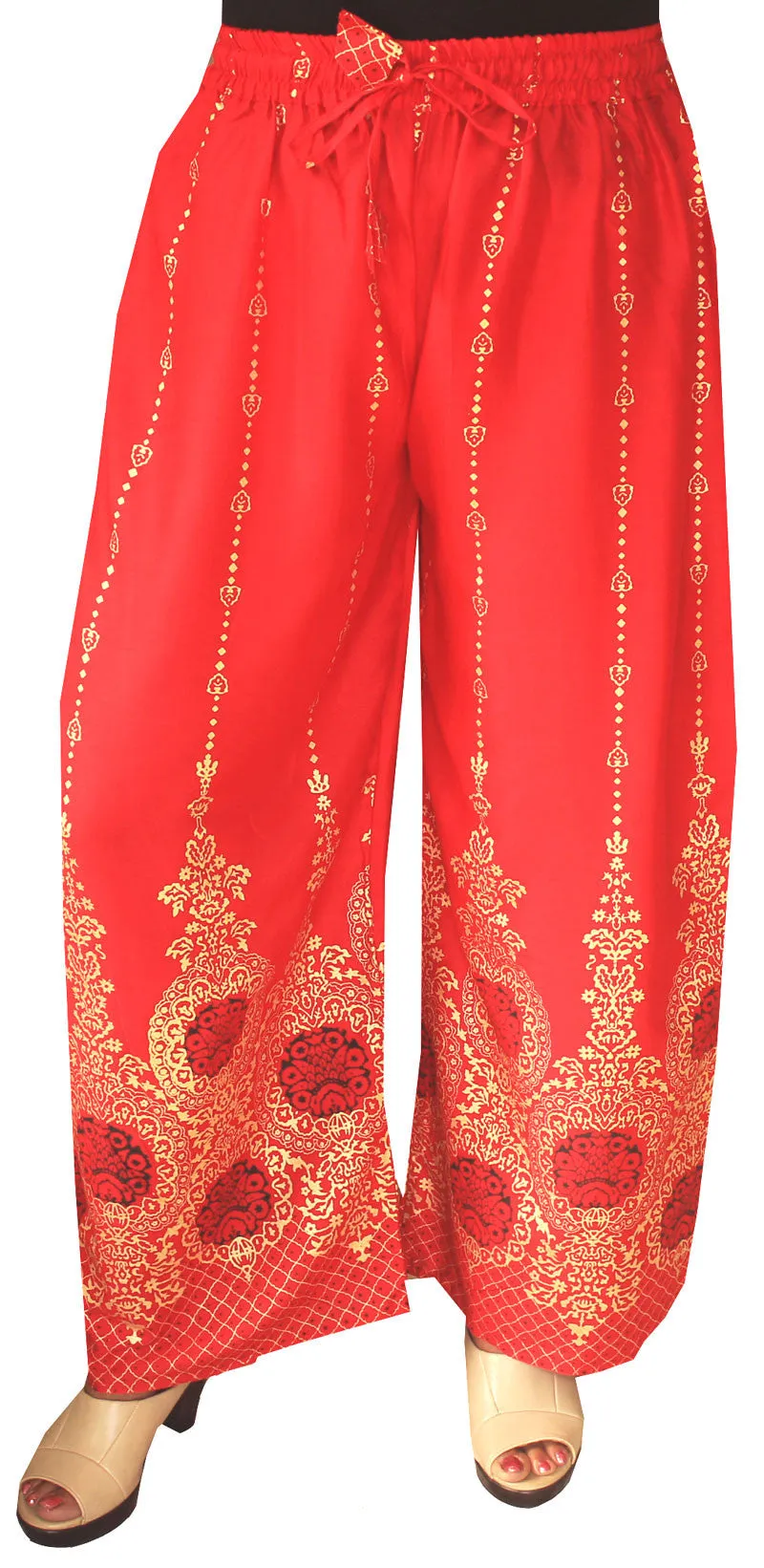 Womens Rayon Indian Pants Wide Leg Golden Print (Red)