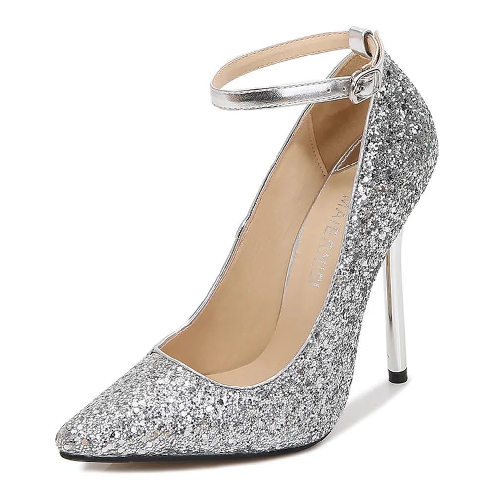 Women's Sequins Pointed Toe Shallow Ankle Strap Stiletto Heel Pumps