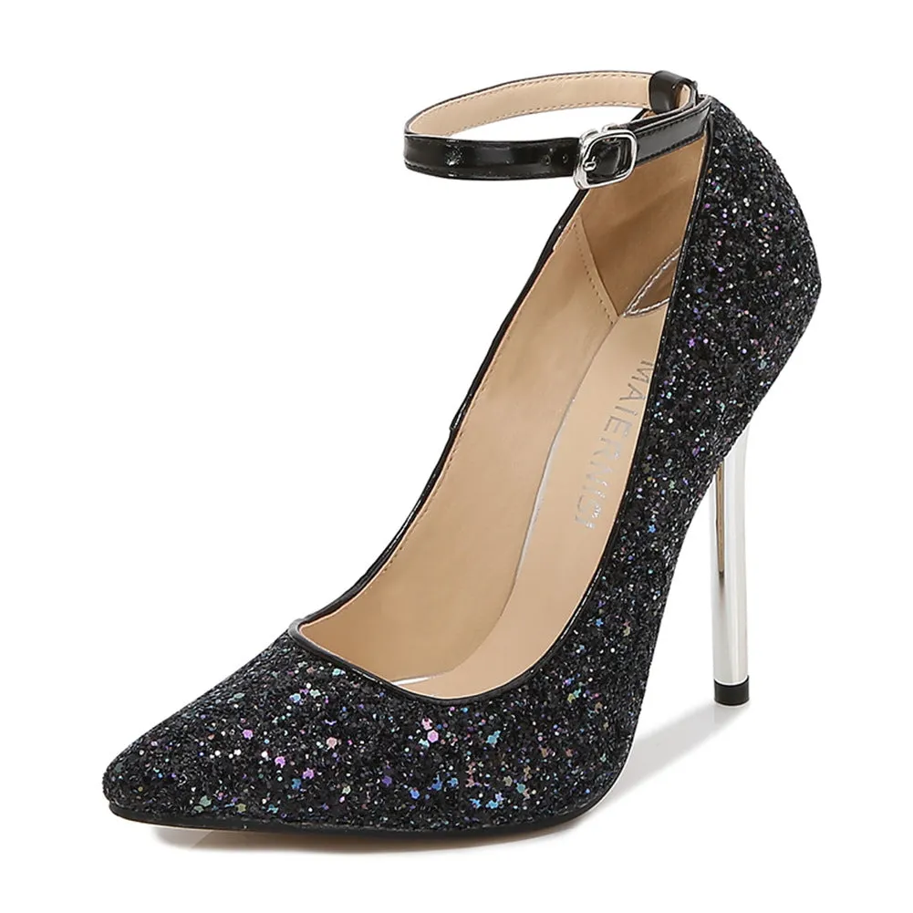 Women's Sequins Pointed Toe Shallow Ankle Strap Stiletto Heel Pumps